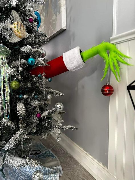 Grinch Arms For Tree, How To Make Grinch Arms For Tree, Grinch Arm Diy, Grinch Arm With Ornament, Grinch Hands, Grinch Christmas Tree, Fun Group, Grinch Christmas, All Holidays