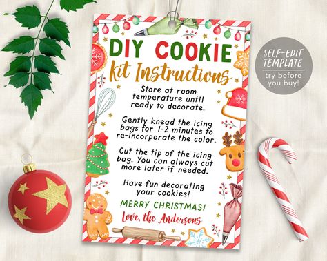 Diy Cookie Kit Instructions, Cookie Kit Instructions, Diy Cookie Kit, Printables Etsy, Cookie Decorating Kit, Cookie Decorating Party, Decorating Party, Merry Christmas Diy, Kit Christmas