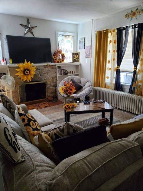 Beautiful sunflower theme home decor idea 2023 Sunflower Living Room Ideas, Sunflower Board, Sunflower Living Room, Beer Bottle Cap Art, Sunflower Theme, Cap Art, First Apartment Decorating, Bottle Cap Art, Chill Room