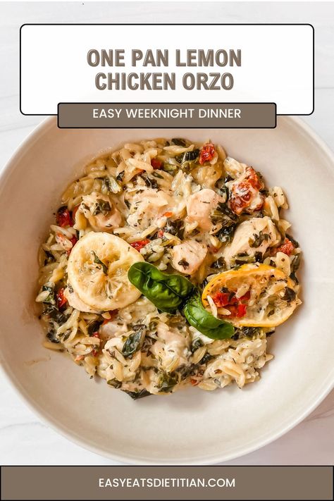 One Pan Lemon Chicken Orzo Chicken One Pan Meal Easy Dinners, Healthy And Cheap Meal Prep, Orzo Lemon Chicken, Lemon Chicken Orzo Recipes, Chicken And Orzo Recipes, Toddler Meals Dinner, Chicken Lemon Orzo, Meal Prep Chicken Recipes, One Pan Lemon Chicken