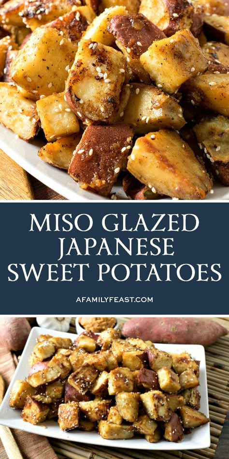 Miso Glazed Japanese Sweet Potatoes are loaded with flavor as well as healthy nutrients! Vegan Japanese Sweet Potato Recipes, Japanese Sides, Japanese Sweet Potato Recipe, Japanese Side Dishes, Japanese Sweet Potatoes, Japanese Side Dish, Vegan Japanese, Miso Glaze, Japanese Sweet Potato