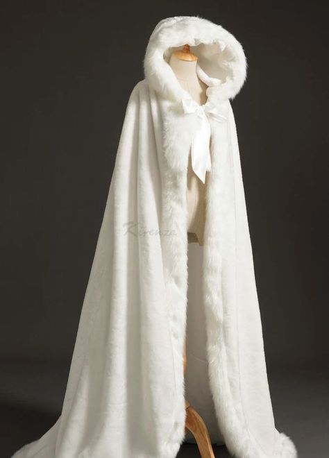 Beautiful Soft Ivory White Plush Faux Fur Luxury Full Length Wedding Cape Cloak with Hood. White Cape Outfit Winter, Wedding Cloak Hooded Capes, White Fur Cloak, White Fur Cape, Fur Wedding Cape, Bridal Cloak, Fur Cloak, Cloak With Hood, White Cloak