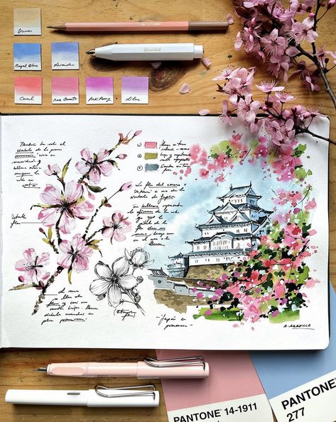 Sketchbook Layout, Spring In Japan, Scrapbook Design Layout, Travel Art Journal, Art Journal Prompts, Travel Sketchbook, Watercolor Kit, Drawing Journal, Watercolor Journal