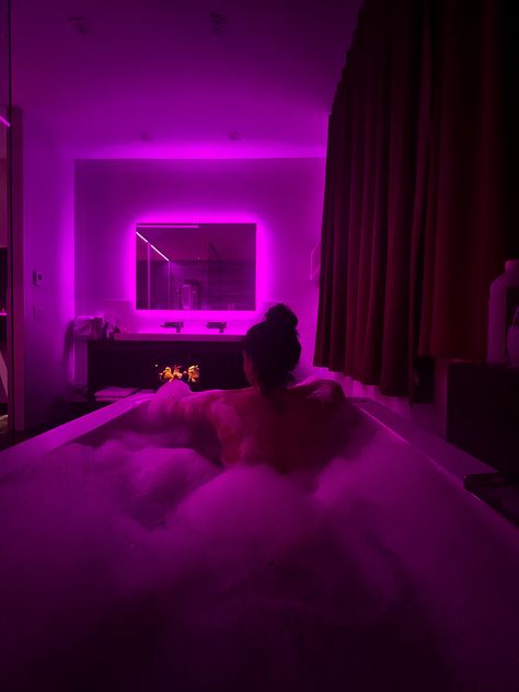 #bathroom #bath #bathtub #ledlighting #led #purple #bubbles #newyear Pink Led Bathroom, Bathroom Vibes Aesthetic Led Lights, Bathroom Ideas With Led Lights, Led Lights Apartment Aesthetic, Led In Bathroom, Bathtub Lighting Ideas, Led Shower Aesthetic, Led Lights Bathroom Aesthetic, Led Bathroom Aesthetic