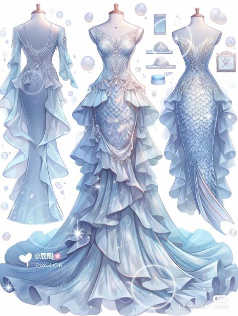 Water Themed Wedding Dress, Mermaid Dress Design Sketch, Fantasy Mermaid Dress, Mermaid Outfit Aesthetic, Mermaid Aesthetic Outfit, Mermaid Tail Dress, Mermaid Princess Dress, Recycled Dress, Fairytale Fashion