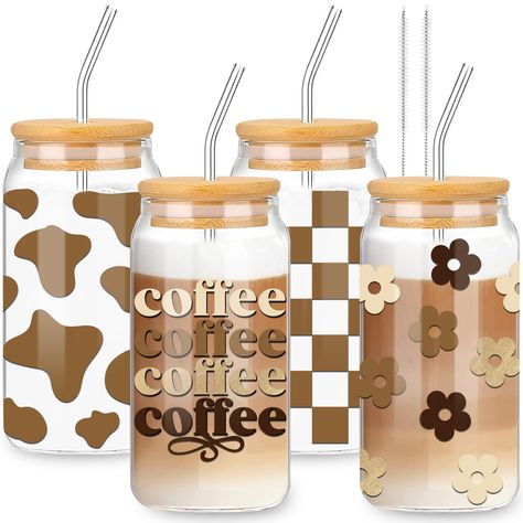 PRICES MAY VARY. Set of 4 - The package includes 4 pack drinking glasses, all have corresponding lids and straws, and also have 2pcs cleaning brushes, convenient for you to keep glass clean. Note: Do not scratch the surface with force when cleaning. Exquisite Designs - Our glass cups have 4 boho theme designs, they are mainly in brown and beige colors, have cow print, checkered, boho flower and letter coffee, delicate designs can give you a good mood when drinking. Good Quality - The drinking gl 16oz Glass Cup Designs, Frosted Glass Cup Design, Glass Cups With Bamboo Lids, Glass Cups With Vinyl, Clean Cocktails, Sublimation Cups, Glasses Cup, Ice Coffee Cup, Etching Ideas