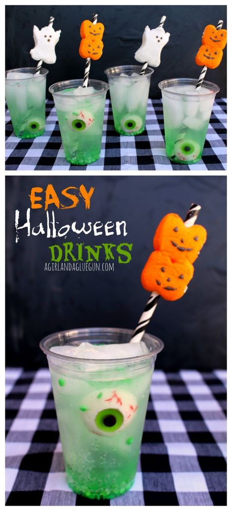 fun and easy halloween drinks with eyeballs and peep straws---a girl and a glue gun.com Easy Halloween Drinks, Buffet Halloween, Menu Halloween, Cupcake Diaries, Halloween Drinks Alcohol, Halloween Dinner, Halloween Goodies, Halloween Drinks, Birthday Halloween Party