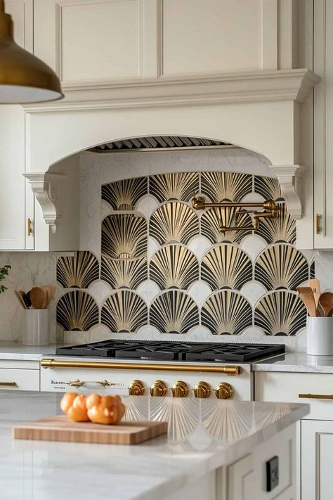 Elegant Art Deco backsplash in a modern kitchen, featuring geometric patterns and rich colors. Art Deco Apartment Kitchen, Vintage Art Deco Kitchen, Art Deco Kitchen Cabinets, Art Deco Kitchen Table, Art Deco Home Bar, Art Deco Backsplash, Deco Kitchen Ideas, Art Deco Kitchen Ideas, Art Deco Interior 1920s