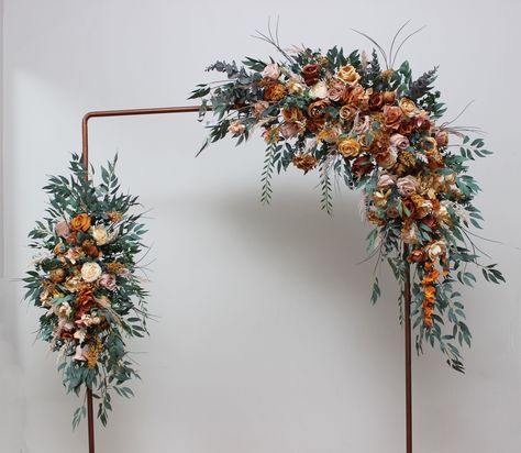 "The flower arrangements are created from artificial flowers and greenery of high quality . Size of corner swag - 30\" * 30 \" ( 75*75 cm) The length of tie back- 35\" ( 90 cm) Size of top straight arrangement- 48\" *20\"( 120 cm* 50 cm) Bouquets here: https://www.etsy.com/listing/808728733/boho-bouquet-orange-rust-peach-flowers?ref=shop_home_active_3&frs=1 Thanks for visiting!" Pergola Flowers, Wedding Flower Archway, Archway Flowers, Flower Archway, Faux Flowers Wedding, Arch Arrangement, Protea Wedding, Wedding Archway, Flower Arch