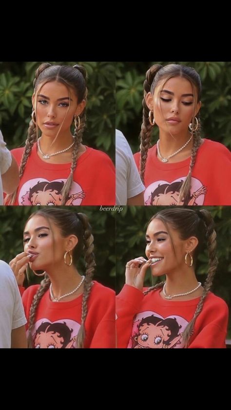 Madison Beer Two Ponytails, Madison Beer Pigtails, Cole The Bee Hairstyles, Hairstyles With Hoop Earrings, Madison Beer Hair Styles, High Pigtail Braids, Madison Beer Ponytail, Hairstyles With Visors For Work, High Pigtails Hairstyles