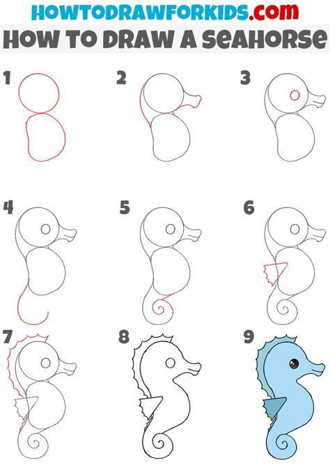 How to Draw a Seahorse - Easy Drawing Tutorial For Kids Draw A Seahorse, Trin For Trin Tegning, Seahorse Drawing, Cute Seahorse, Easy Animal Drawings, Drawing Lessons For Kids, Animals Drawing, Easy Drawing Tutorial, Underwater Animals