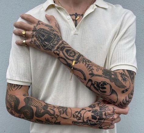 #tattoo #tattoos #inked #tattooart #tattooed #tattooideas #tattoodesign #tattooinspiration #tattoosleeve #tattooflash #inkedgirls #tattooedwomen  #InkLaughs  #TattooFails Traditional Black Tattoo, Full Tattoo, Tattoo Concepts, Men Tattoos Arm Sleeve, Traditional Tattoo Sleeve, Tattoo Inspiration Men, Tattoo Font, Small Tattoos For Guys, Hand Tattoos For Guys