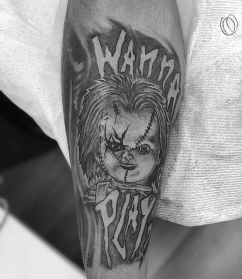 Guys Designs Chucky Tattoos Chucky Tattoo Ideas, Chucky Tattoos, Disney Tattoos For Men, Mens Tiger Tattoo, Chucky Tattoo, Family First Tattoo, Black Men Tattoos, Vintage Tattoo Art, Lion Tattoo Sleeves