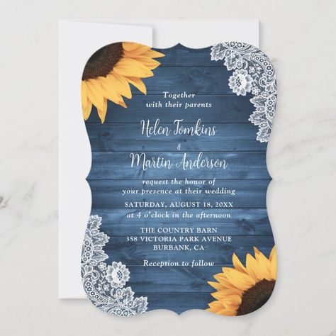 Rustic Dusty Blue Wood Lace Sunflower Wedding Invitation  Zazzle Sunflower And Lilac Wedding, Sunflower And Lavender Wedding, Purple Sunflower Wedding, Purple Roses Wedding, Country Wedding Colors, Rustic Purple Wedding, Dark Teal Weddings, Plum Purple Wedding, Country Wedding Centerpieces