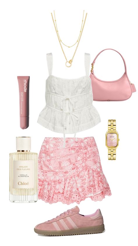 Outfit inspiration for sorority recruitment rush week. White boho top, pink skirt, pink samba, pink purse, gold Jewlery. That girl and clean girl outfit inspiration Sorority Girl Outfit, Sorority Girls Outfit, Sorority Outfit Ideas, Pink Samba, Pink Sorority, Rush Week Outfits, White Boho Top, Clean Girl Outfit, White Boho Tops