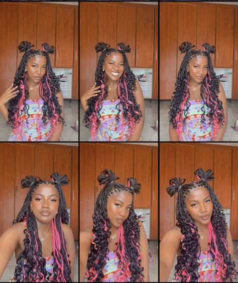 Black Pink Box Braids, Black And Pink Box Braids With Curls, Knotless Braids With Color Pink, Pink Peekaboo Highlights Braids, Peak A Boo Braids Pink, Half Pink Half Black Hair Box Braids, Black Braids With Pink Underneath, Ways To Style Peekaboo Braids, Pink Black And Blonde Box Braids