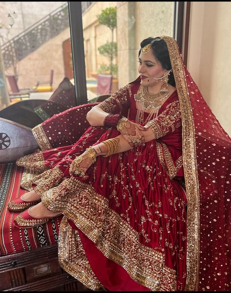 Red Bridal Gharara Pakistani, Anarkali Suits Bridal, Red Nikkah Dress, Red Bridal Gharara, Muslim Bridal Lehenga, Nikkah Gharara, Muslim Brides Indian, Red Bridal Lehenga Pakistani, Red Gharara