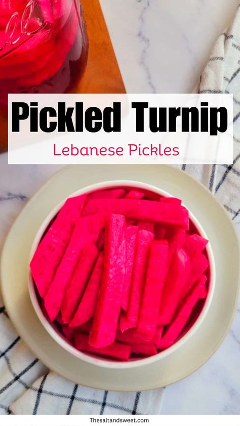 Get ready to fall in love with this Lebanese Pickled Turnips recipe! These crunchy, tangy, pink turnips are perfect for jazzing up falafel, shawarma, and any meal that would call for pickle! Lebanese Turnip Pickles, Pickled Turnips Lebanese Recipe, Lebanese Pickled Vegetables, Turnip Pickle Recipes, Pickled Turnips Recipe, Pickled Turnips Lebanese, Pickles Turnips, Lebanese Pickles, Falafel Shawarma