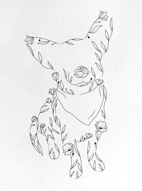 Flower Dog Tattoo, Floral Bear Tattoo, Floral Dog Tattoo, Dog Paw Print Art, Paw Print Art, Pyrography Ideas, Awareness Tattoo, Dog Memorial Tattoos, Dog Outline