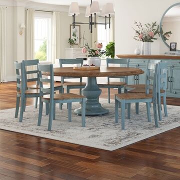 Country Round Table And Chairs, Two Tone Dining Table Color Combos, Two Tone Kitchen Table, Old Dining Table Makeover, Blue Kitchen Chairs, Blue Dining Room Table, Round Farmhouse Kitchen Table, Two Tone Dining Table, Blue Kitchen Table