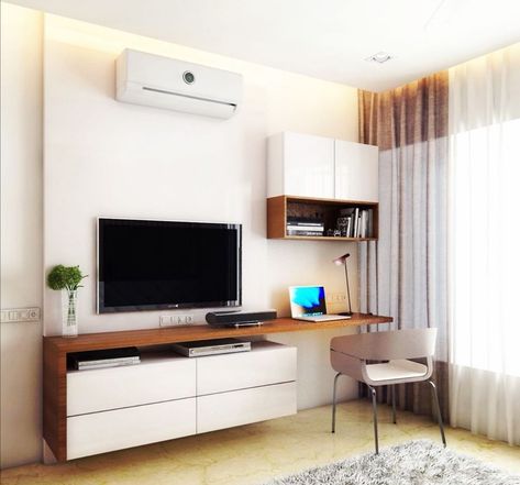 Tv Wall With Desk Ideas, Bedroom Desk And Tv Unit, Tv And Desk Combo, Tv And Desk In Bedroom, Bedroom Tv Unit Plus Study Table, Tv Console Desk Combo, Desk And Tv Stand Combo Bedrooms, Desk Below Tv, Living Room Tv Wall Workspace