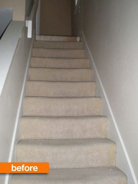 Before & After: Kelly's Inexpensive Staircase Remodel Basement Remodeling Diy, Budget Kitchen Remodel, Staircase Remodel, Remodel On A Budget, Basement Bedrooms, Beige Carpet, Basement Renovations, Living Room Remodel, Diy Remodel