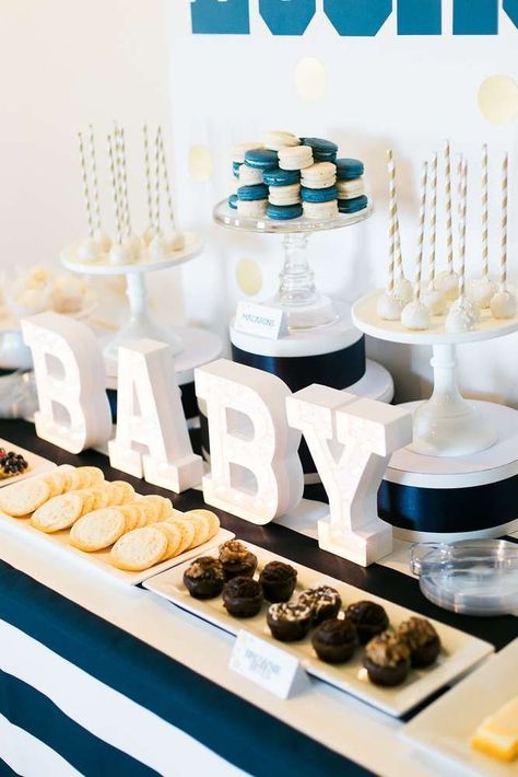 Lovely dessert table at a navy and gold baby shower! See more party planning ideas at CatchMyParty.com! Gold Dessert Table, Baby Shower Unique, Baby Shower Dessert, Unique Baby Shower Themes, Baby Shower Dessert Table, Baby Shower Prizes, Shower Desserts, Trendy Baby Shower Ideas, Baby Shower Desserts