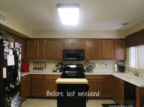 Home Depot Kitchen Lighting, Fluorescent Kitchen Lights, Small Kitchen Lighting, Flourescent Light, Lighting Makeover, Home Depot Kitchen, Fluorescent Light Fixture, Starting Kindergarten, Light For Kitchen