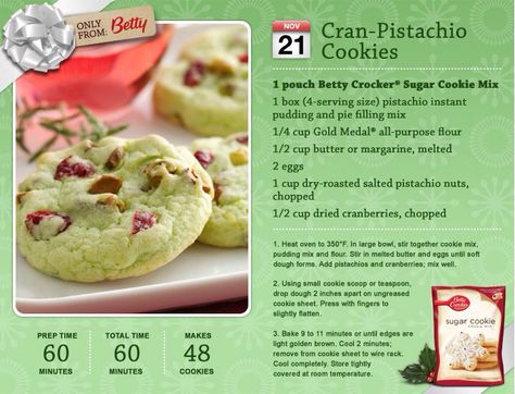 Easy Cran-Pistachio Cookies by Betty Crocker Betty Crocker Sugar Cookie Mix, Betty Crocker Cookie Mix, Christmas Cookie Plate, Sugar Cookie Mix, Pistachio Cookies, Cookie Plate, Cookie Mix, Instant Pudding, Cookie Scoop