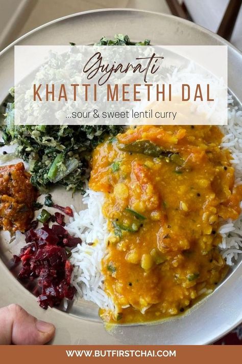 Craving something hearty and tasty? I want you to try this Gujarati Khatti Meethi Dal recipe! The earthy richness of split pigeon peas (arhar dal) is balanced perfectly with the tartness of tamarind and the sweetness of jaggery. We loved this tangy-sweet dal that will leave you wanting more. Gujarati Dal, Bowl Of Rice, Recipe For Two, Pigeon Peas, Dal Recipe, Lentil Curry, Hearty Meal, Wanting More, Meals For Two