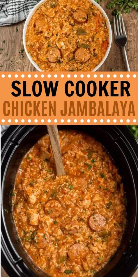 Crock Pot Jambalaya is such a hearty meal with chicken and sausage. Packed with just enough heat to jazz it up but perfect for the entire family to enjoy. This slow cooker chicken and sausage jambalaya is easy to make and packed with tons of flavor too! #eatingonadime #crockpotrecipes #slowcookerrecipes #chickenrecipes #cajunrecipes Jambalaya Recipe Slow Cooker, Jumbolia Recipes, Crock Pot Jambalaya, Jambalaya Recipe Crockpot, Chicken Jambalaya Recipe, Sausage Jambalaya Recipe, Chicken Jambalaya, Jambalaya Recipe Easy, Slow Cooker Jambalaya