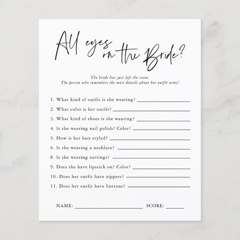 All Eyes on the Bride Bridal Shower Game Size: 4.5" x 5.6". Color: Semi-Gloss. Gender: unisex. Age Group: adult. Bridal Shower Games Funny, Bride Game, Bridal Shower Inspo, Disney Bridal Showers, Mom Dad Baby, Fun Bridal Shower Games, Baby Shower Game Cards, Bride Shower, Bachelorette Party Planning