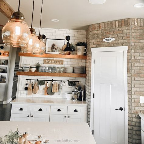 Farmhouse Kitchen Decor Farmhouse Kitchen Brick Wall, Modern Farmhouse Brick Backsplash, Brick And Shiplap Wall, Farmhouse Kitchen Red Brick Backsplash, Brick And Shiplap, Kitchen With Brick Wall, Brick Wall Paper Kitchen, Farmhouse Kitchen Brick Backsplash Lowe's, Corner Kitchen Pantry