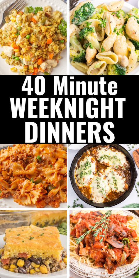 Photo collage of 40 mnute dinner recipes Weekly Dinner Ideas For Two, 30 Minute Meal Recipes, Meal For Week Ideas, Simple Weeknight Dinners Families, Dinners To Make For Boyfriend, Recipes For Boyfriend Dinner, Super Easy Meals For One, American Meal Ideas, Different Dinner Ideas Families