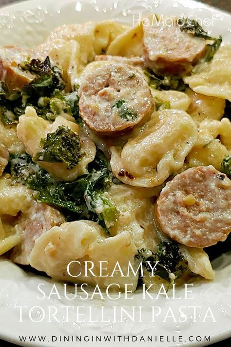 Creamy Sausage Kale Tortellini Pasta Tortellini With Sausage And Greens, Spinach Sausage Tortellini Pasta, Creamy Tortellini And Sausage, Balsamic Cabbage, Sausage Kale Tortellini, Kale Tortellini, Cheese Tortellini Pasta, Kabasa Recipes, Sausage Kale Pasta