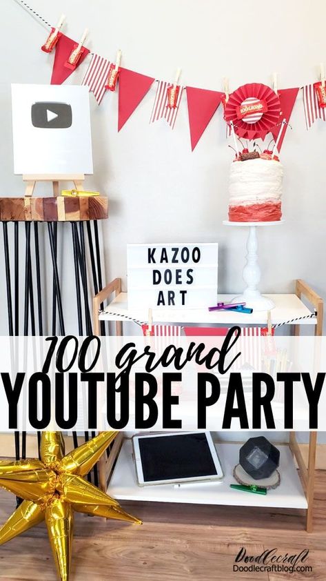 100 Grand YouTube Play Button Party! YouTube themed party with Kazoo Does Art as she celebrates her 100K subscribers play button or YouTube Creator Award! This party just had to showcase the 100 Grand--the red and white packaging match YouTube perfectly and the fact that Kazoo got the 100K subscriber button. It is just too perfect! Youtube Play Button, Youtube Birthday, Youtube Party, 100k Subscribers, Youtube Creator, White Packaging, Paper Bunting, Mini Bunting, Upcycled Projects