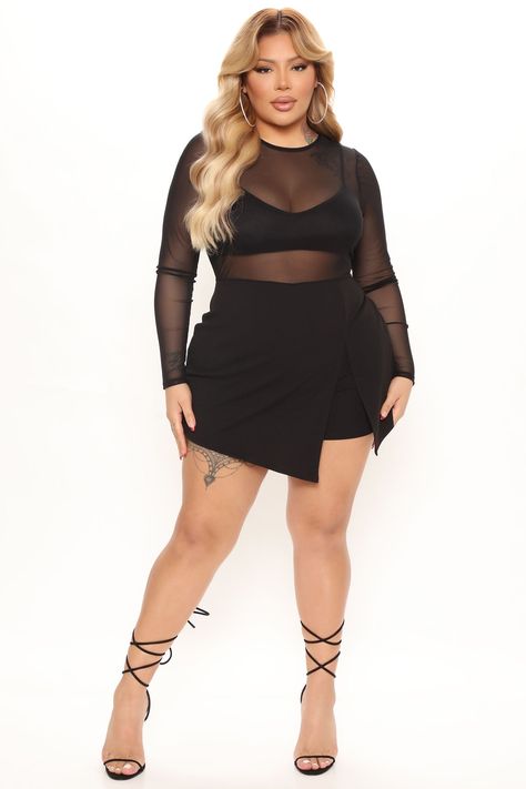 Available In Black. Romper Mesh Top Scoopneck Long Sleeve Skort Functional Back Zipper Stretch Partially Lined Stretch Self: 95% Polyester 5% Spandex Lining: 100% Polyester Imported | Blurred Lines Mesh Romper in Black size 2X by Fashion Nova Mesh Romper, Blurred Lines, Hot Outfits, Black Romper, Rompers Women, Blur, Mesh Top, New Black, Fashion Nova