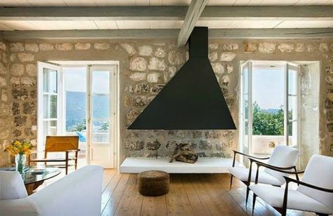 Fireplace Styles, Modern Mountain Home, Rural House, Modern Mountain, Stone Walls, Rustic Contemporary, Interior Design Magazine, Stone House, A Living Room