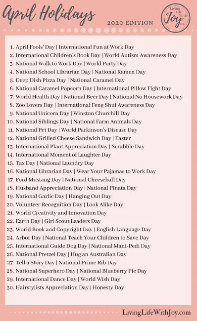 2020 Fun National Holidays | Living Life With Joy Life Goals Examples, National Celebration Days, April Holidays, Monthly Holidays, National Holiday Calendar, Fun Calendar, Silly Holidays, Goals Examples, Monthly Celebration