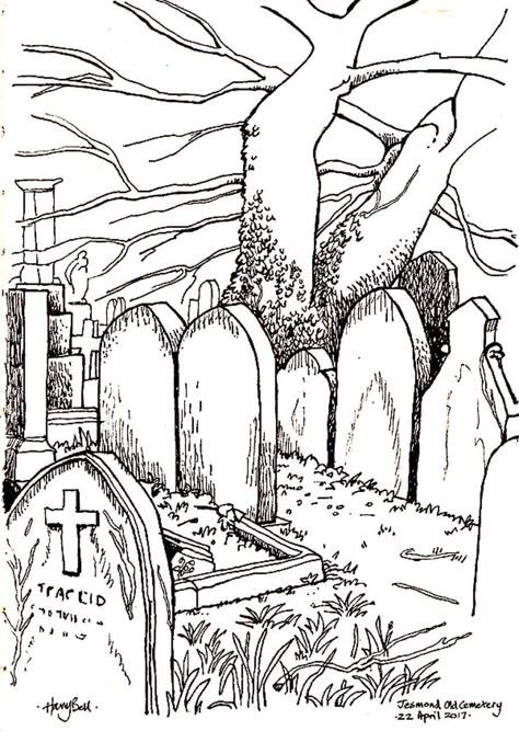 Jesmond Old Cemetery (0.8 marker in A4 sketchbook) Cemetery Sketch Drawings, Grave Yard Drawing, Cemetery Sketch, Graveyard Sketch, Cemetery Picnic, Cemetery Drawing, Cemetery Illustration, Tombstone Drawing, New Orleans Cemetery