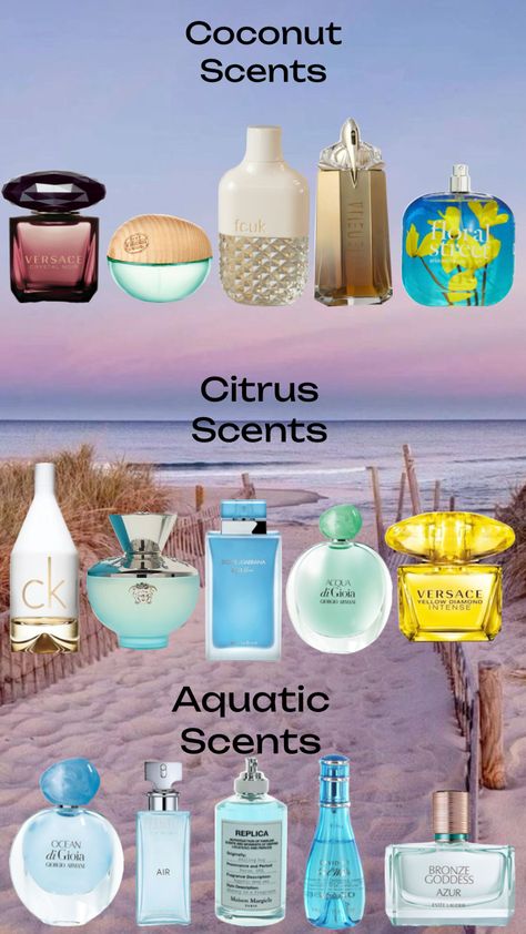 Summer perfumes ideas #scents #perfumes #mood #ideas #inspo #scentmemories #ideas Beach Scented Perfume, Perfume For Summer For Women, Summer Scents Perfume, Beachy Perfumes, Siren Perfume, Smell Like The Beach, Summer Perfumes For Women, Best Summer Perfumes, Perfume Summer