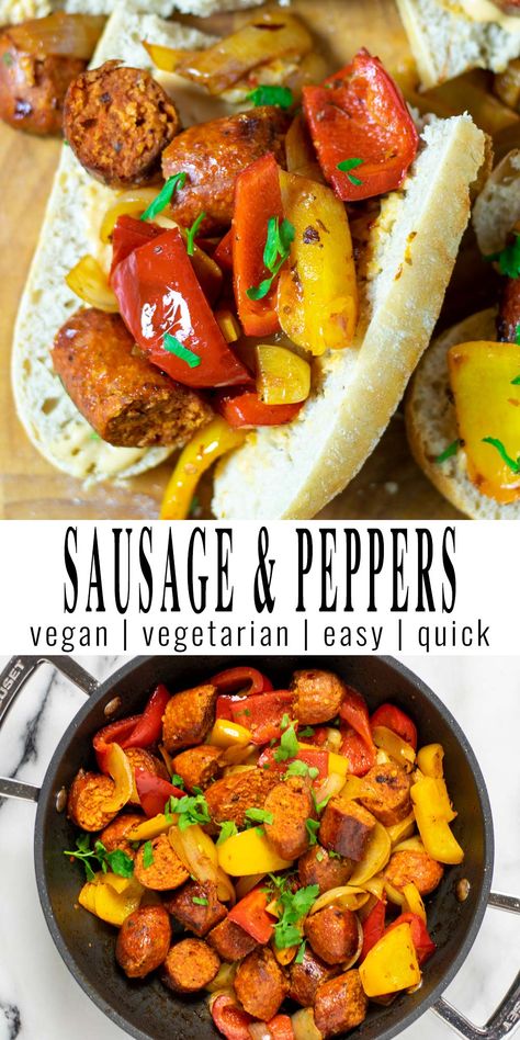 Sausage and peppers is an amazing and satisfying combo made with vegan sausage, bell peppers and wonderful seasonings. This is a winner on its own or served over pasta, rice, polenta, a hoagie roll or sandwich. An easy meal that comes together really fast. #vegan #dairyfree #vegetarian #dinner #lunch #contentednesscooking #sausageandpeppers Vegan Sausage Recipes For Dinner, Vegan Sausage Dinner Recipes, Plant Based Italian Sausage Recipes, Vegan Sausage And Peppers, Sausage Dogs With Peppers And Onions, Easy Mediterranean Recipes, Clean Eating Vegan, Vegan Casserole, Sausage And Peppers