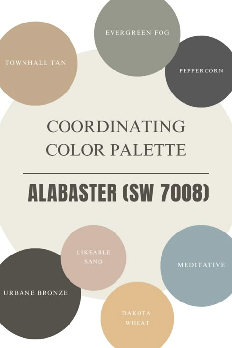 Sherwin Williams Alabaster Color Review - Building Bluebird Alabaster White Sherwin Williams Coordinating Colors, Color Palate For Whole House, Cozy Whole House Color Scheme, Sw Alabaster Palette, Alabaster White Living Room, Sherwin Williams Paint Color Schemes, Sherwin Williams Paint Schemes, Alabaster Sherwin Williams Basement, What Colors Go With Alabaster