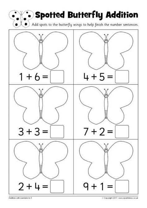 Butterfly Addition Worksheets (SB12245) - SparkleBox Butterfly Worksheets Kindergarten, Butterfly Math Kindergarten, Butterfly Math Preschool, Butterfly Math Activities Preschool, Butterfly Worksheets Preschool, Preschool Addition Worksheets, Worksheets Preschool Free Printable, Butterfly Kindergarten, Caterpillar Math