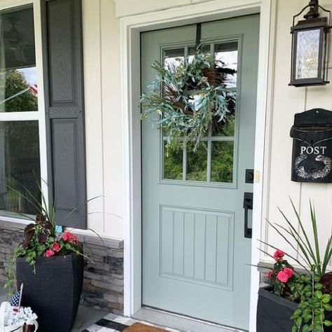 Front Door Ideas Green, Acacia Haze Exterior, Sherwin Williams Acacia Haze, Aqua Front Doors, Acacia Haze, Yellow House Exterior, Teal Front Doors, Exterior Door Colors, Tan House