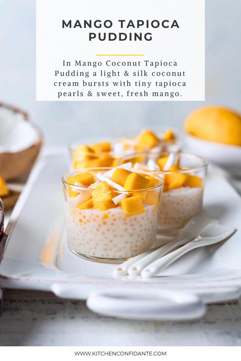 Mango Coconut Tapioca Pudding in 4 glasses. Mango And Sticky Rice, Coconut Sago, Sago Pudding Recipe, Coconut Tapioca Pudding, Lemon Posset Recipe, Tapioca Dessert, Coconut Tapioca, Sago Pudding, Tapioca Pudding