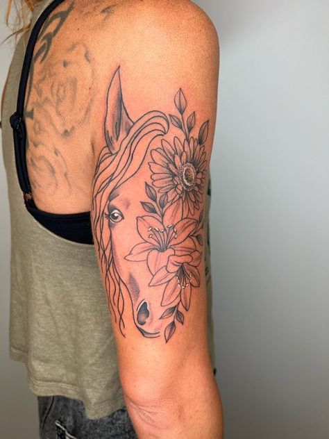 Horse Tattoo With Flowers, Horse Flower Tattoo, Horse And Sunflower Tattoo, Horse And Flower Tattoo, Flower Horse Tattoo, Sunflower Horse Tattoo, Half Horse Half Flower Tattoo, Horse Flower Tattoo Design, Horse With Sunflowers Tattoo