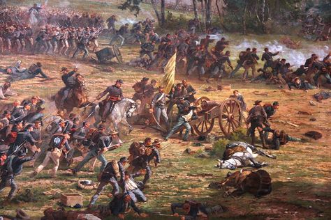 The Gettysburg Cyclorama painting depicting Alonzo Cushing's cannon during Pickett's Charge. George Armstrong, Gettysburg Battlefield, Gettysburg National Military Park, Real Haunted Houses, Battle Of Gettysburg, Civil Wars, Ghost Photos, Medal Of Honor, Historical Art