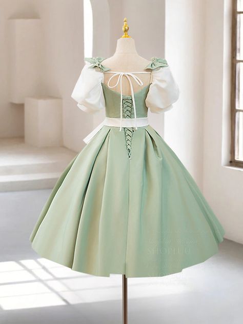 Cute Green Dresses Short, Cute Knee Length Dresses, Cute Green Dresses, Green Short Prom Dress, Prom Dress Cute, Cute Homecoming Dresses, Satin Homecoming Dress, Puff Dress, Cute Dress Outfits