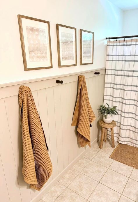 Guest Bath Accent Wall, Accent Wall Restroom, Khaki Bathroom, Board And Batten Wall Bathroom, Easy Diy Accent Wall, Accent Wall Tutorial, Spare Bathroom, Shiplap Bathroom, Bathroom Accent Wall